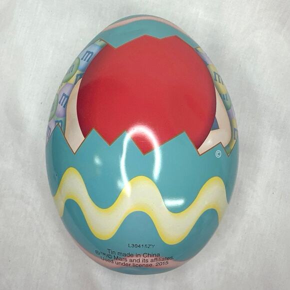 EASTER EGG TIN METAL CONTAINER Red M & M Guy Removable Lid 6" Long 2015 - Picture 2 of 4